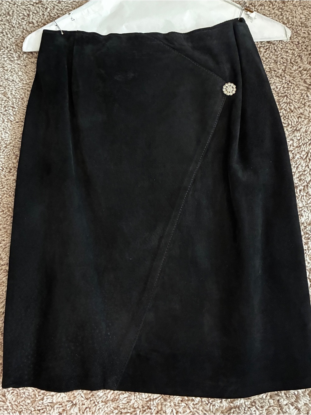 Black Suede Wrap-Style A-Line Skirt with Decorative Button